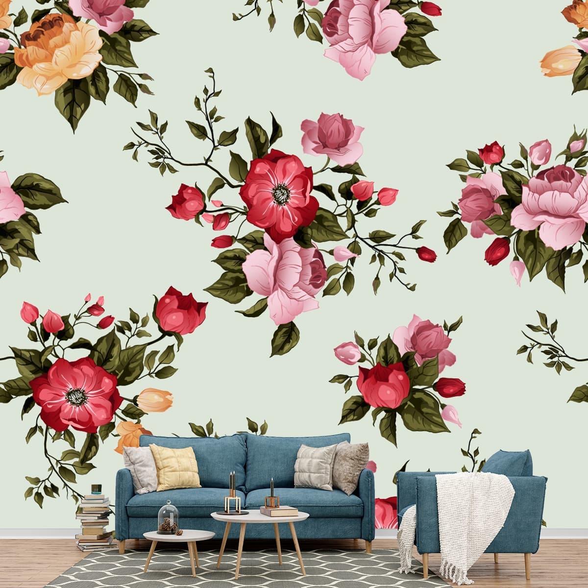A pattern of flowers on a light background shown in a room