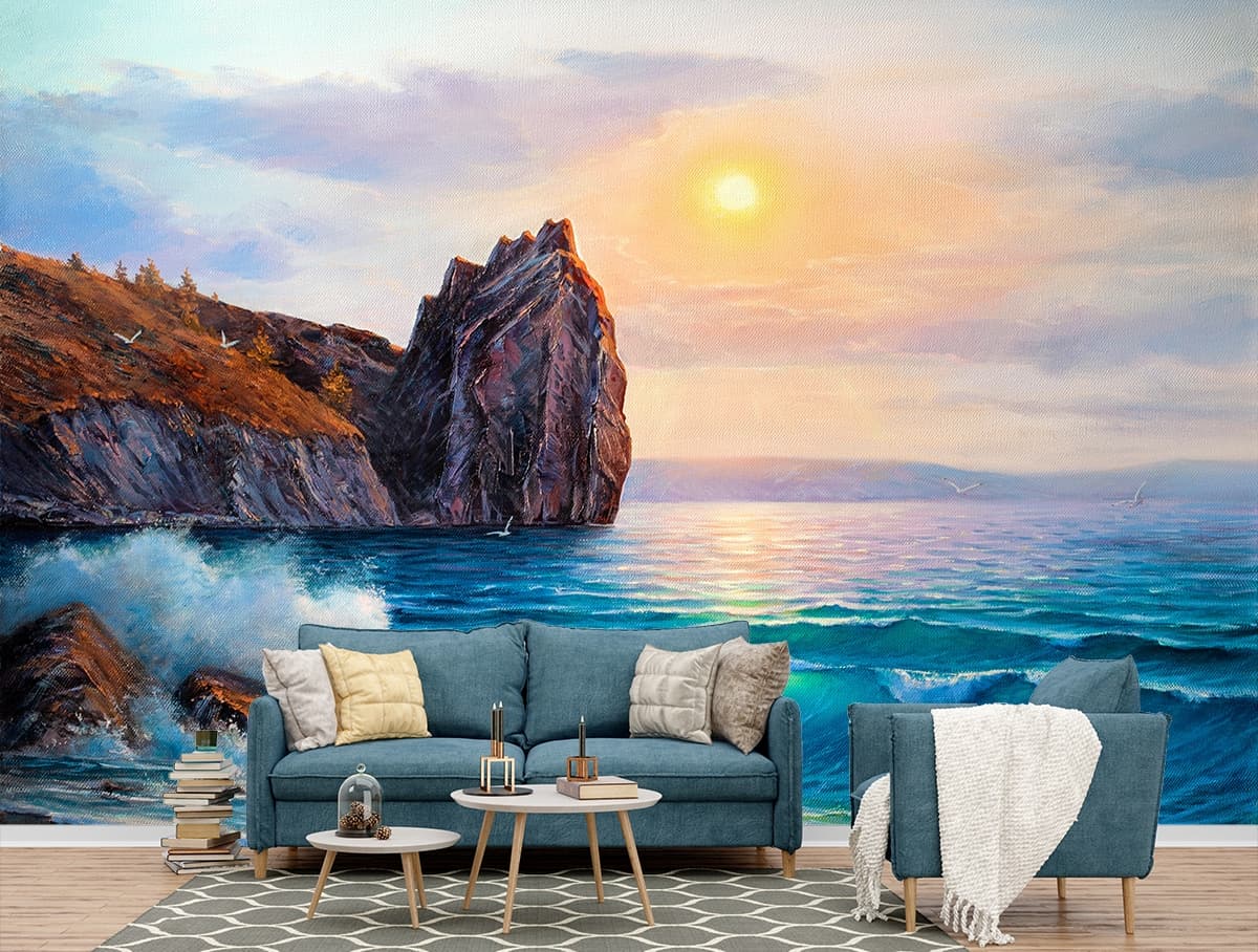 Luxury Coastal Waves on Rocks Wall Mural Wallpaper shown in a room