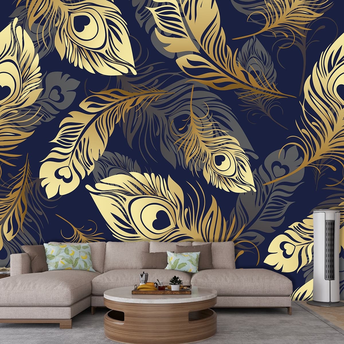 Elegant Gold Feather Design on Black Background Wallpaper shown in a room
