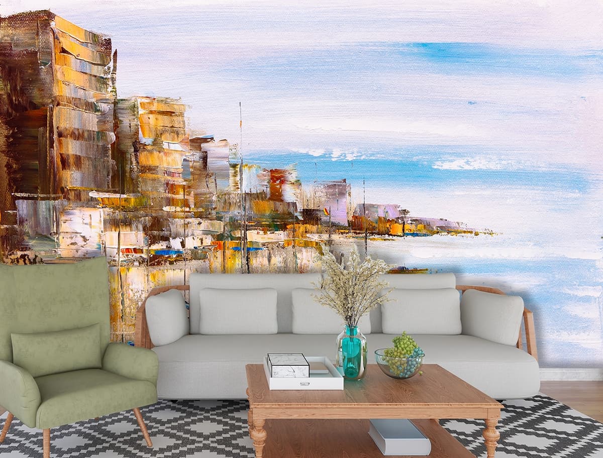 Luxury Waterfront Cityscape Wall Mural Wallpaper shown in a room