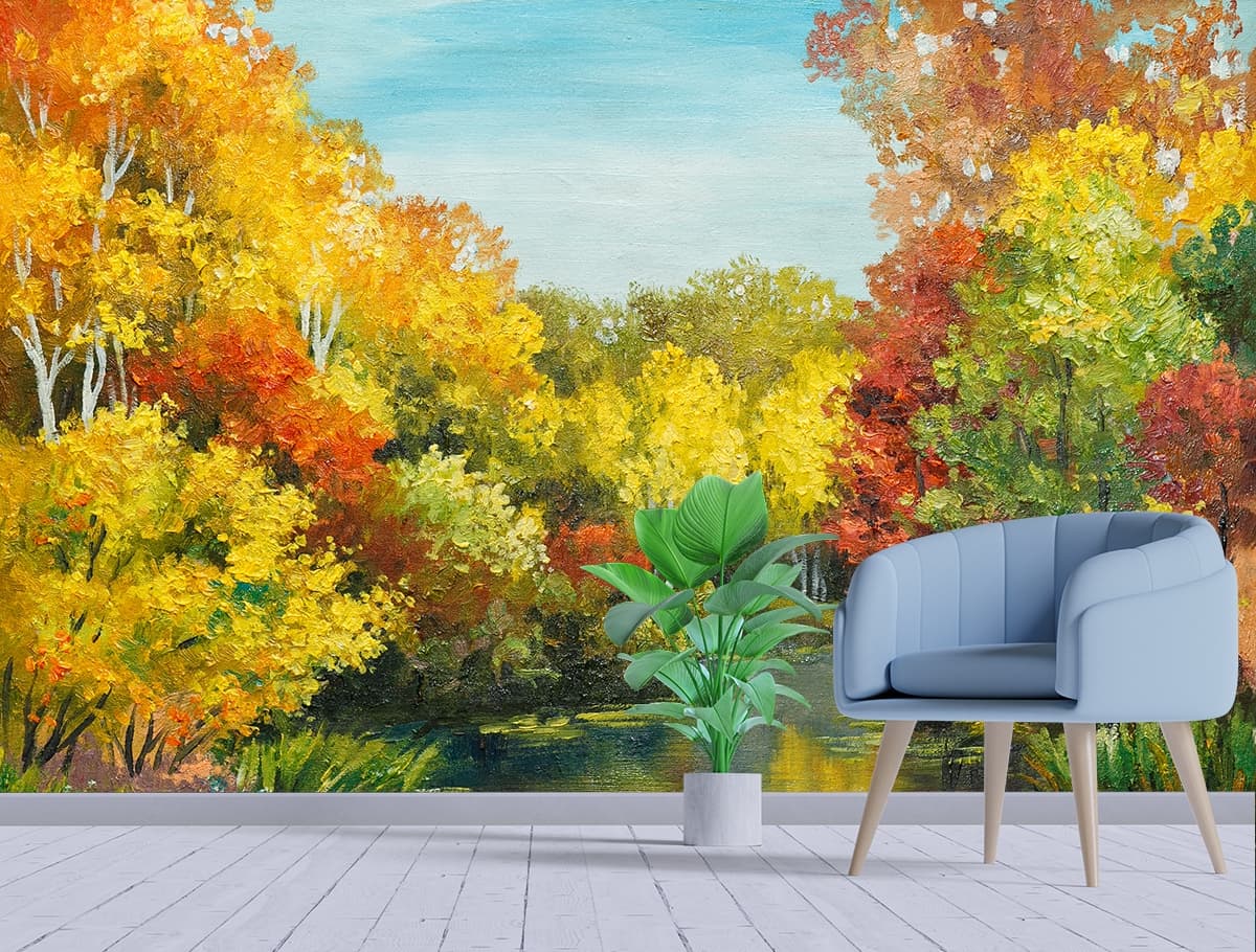 Luxury River Landscape with Plants Wall Mural Wallpaper shown in a room
