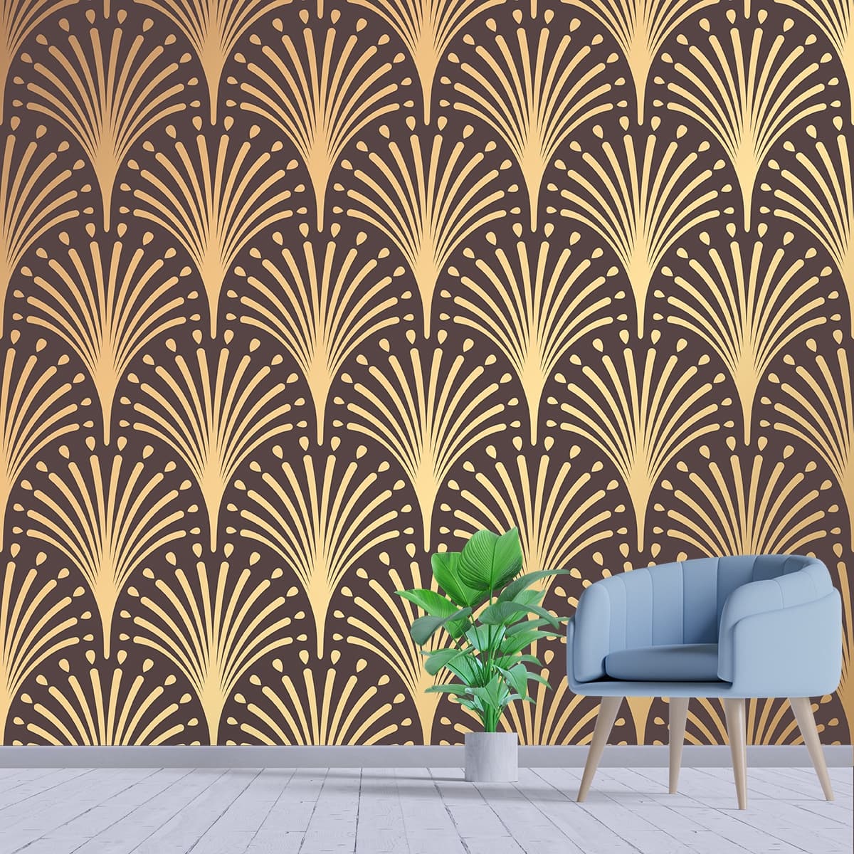 Wallpaper for House Wall, Pattern of gold and black shown in a room