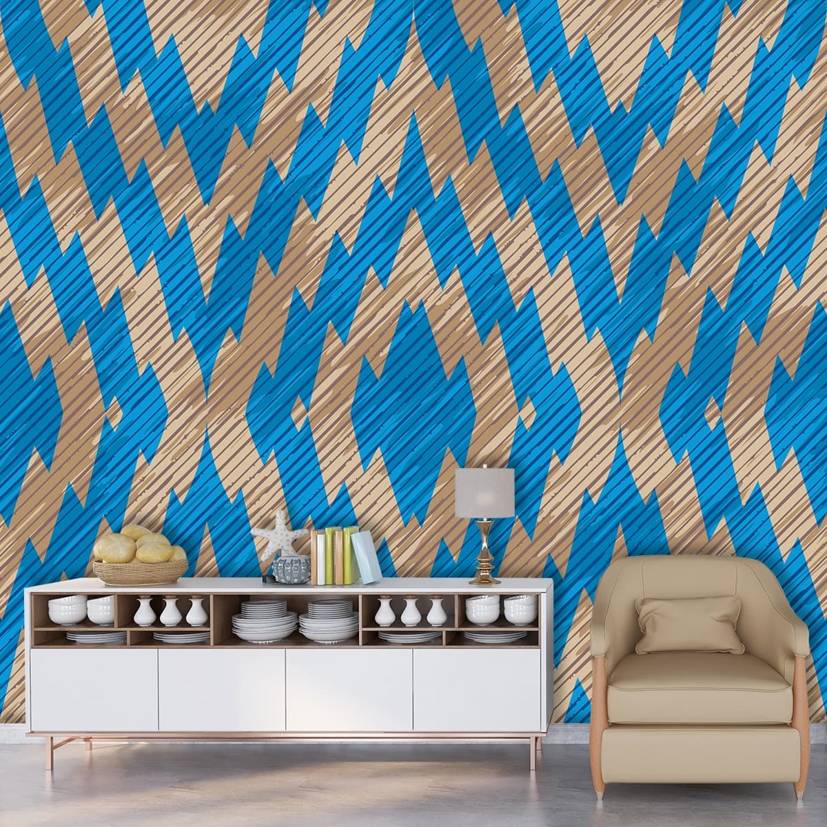 Blue and Tan Zigzag Pattern Wallpaper for Walls shown in a room