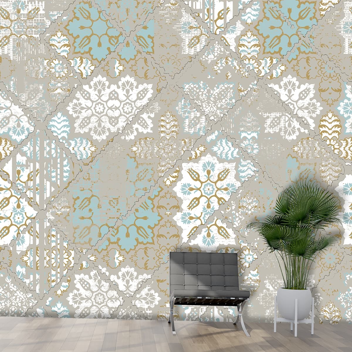 A Vintage Floral Design Wallpaper Mural shown in a room