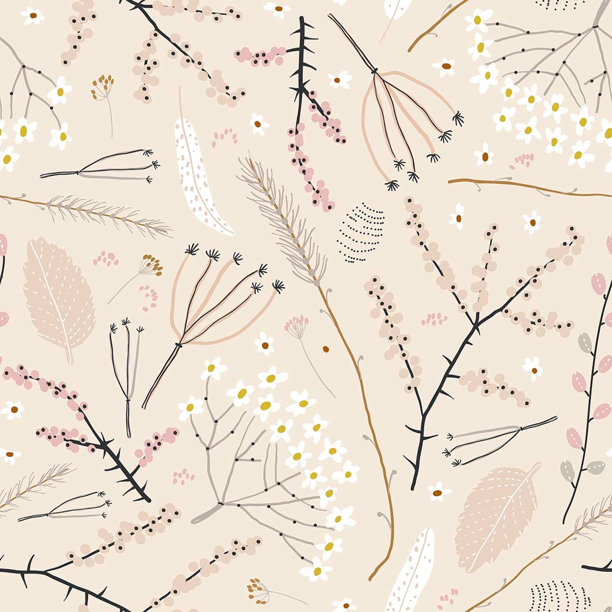 Botanical Flower and Leaf Decorative Wallpaper pattern detail