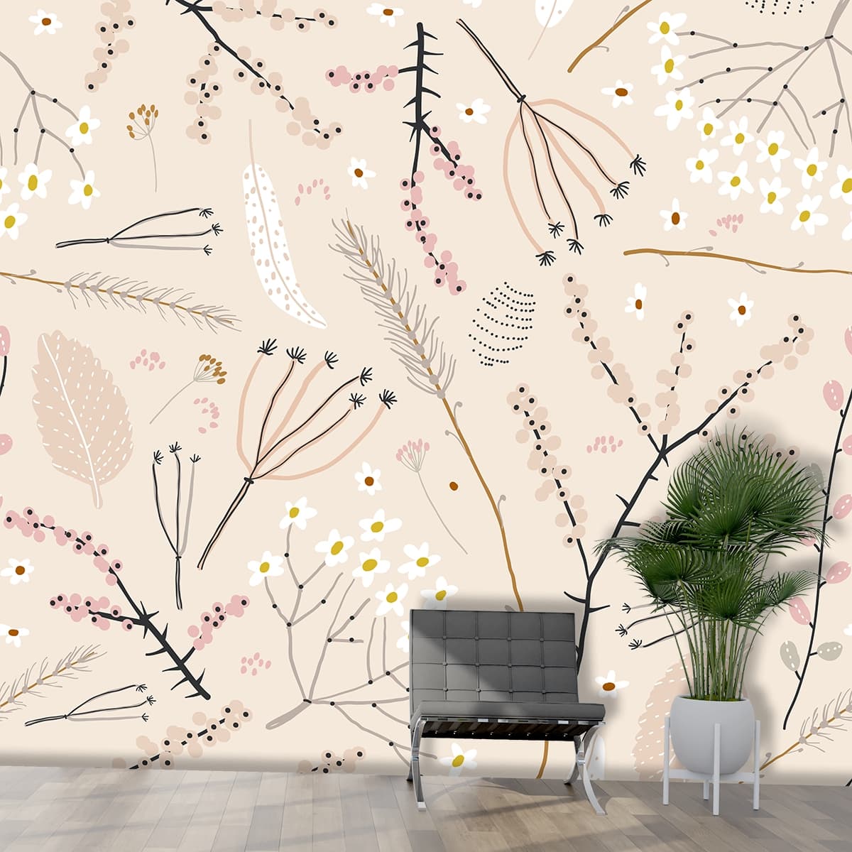 Botanical Flower and Leaf Decorative Wallpaper shown in a room