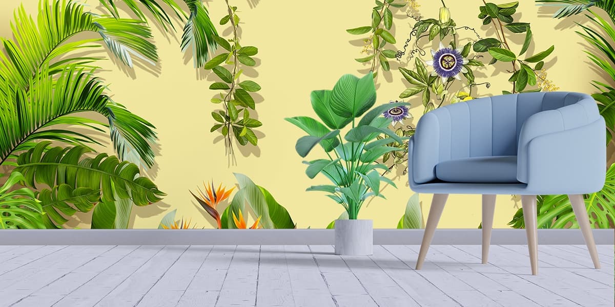 A wallpaper with plants and flowers shown in a room
