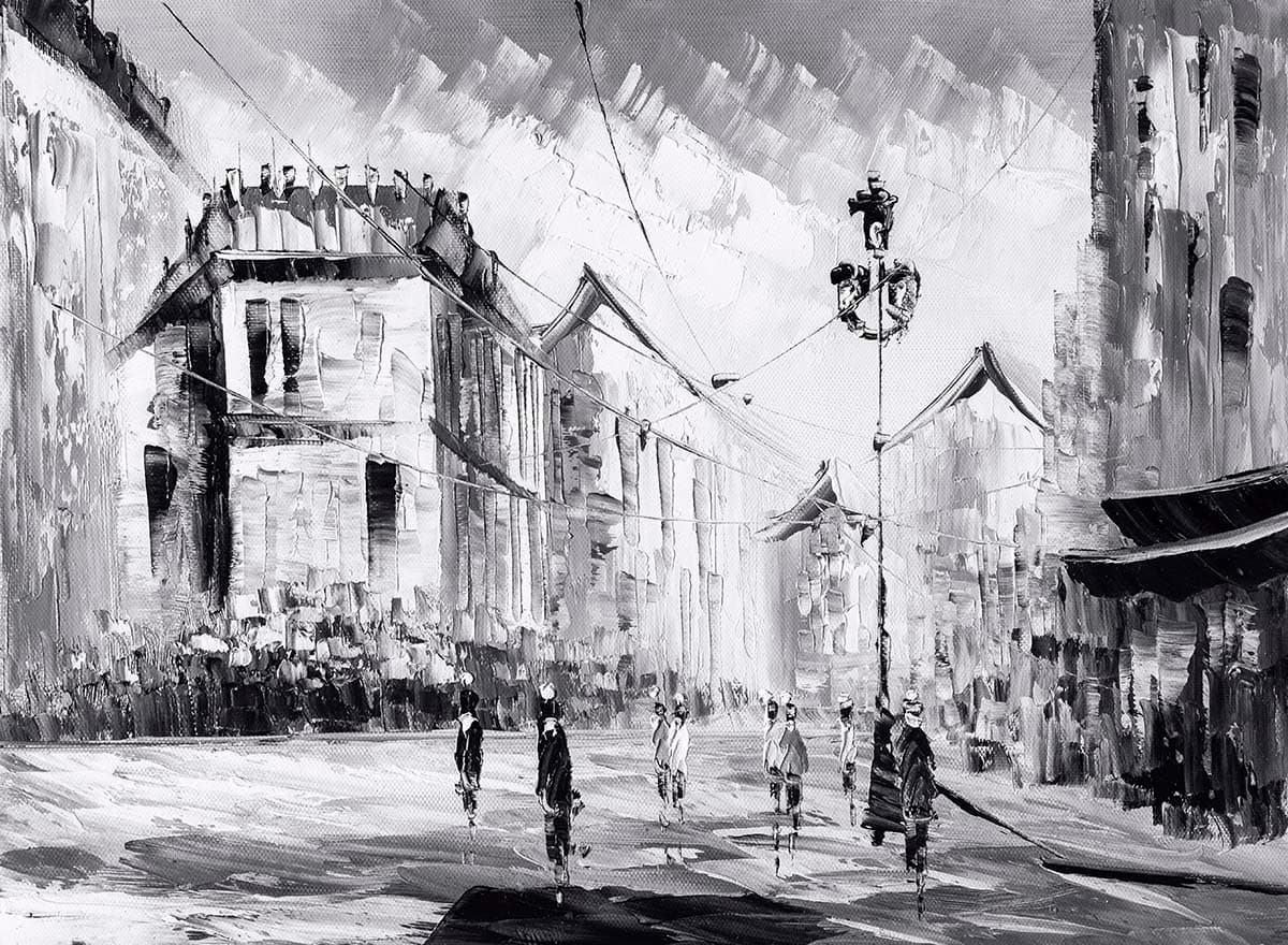 Vintage Street Scene Painting Style Wallpaper pattern detail