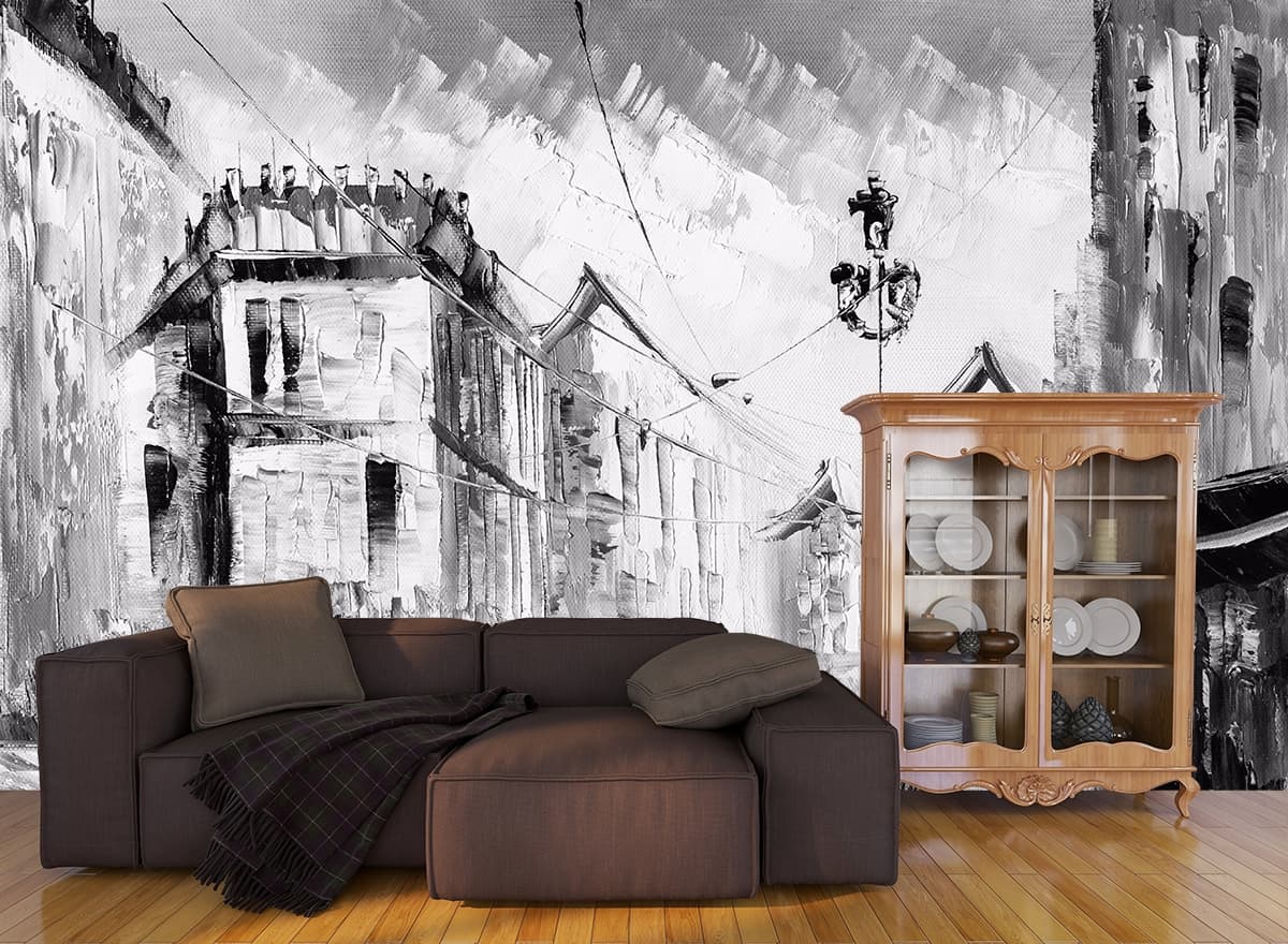 Vintage Street Scene Painting Style Wallpaper shown in a room