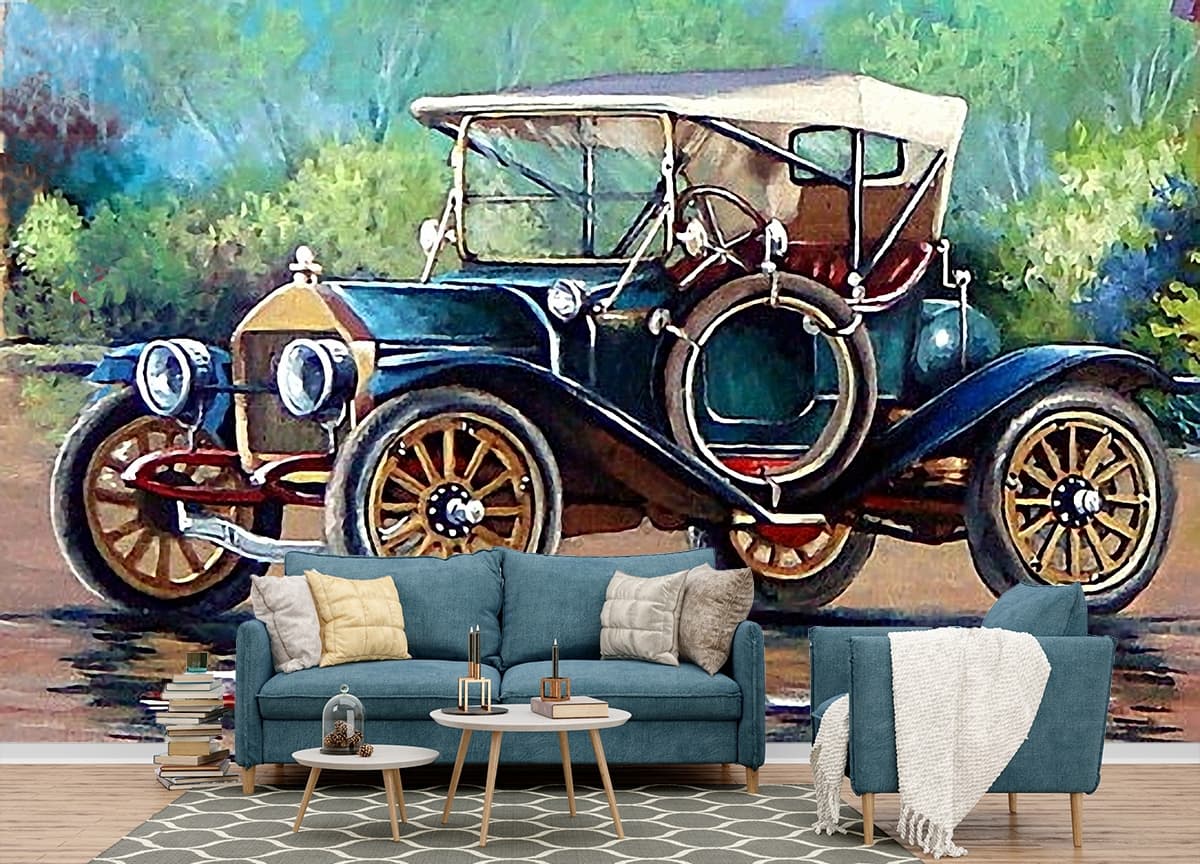 Vintage Car Painting Wallpaper for Wall shown in a room