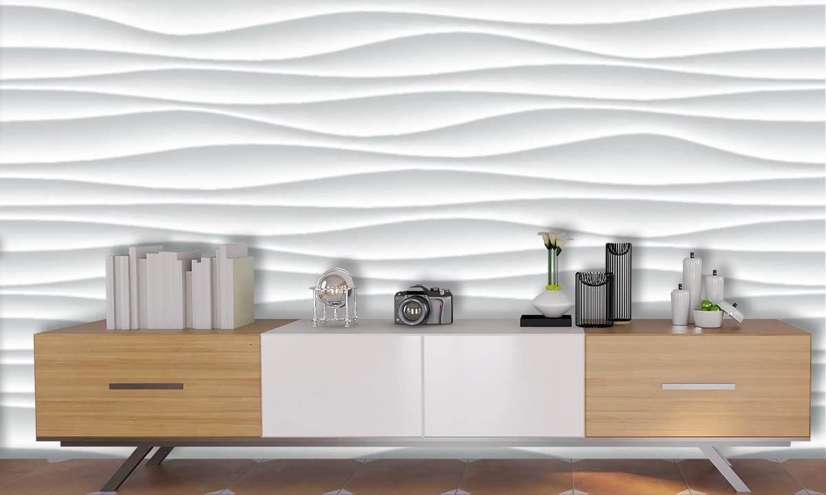 Simple White Wavy Line Abstract Texture wallpaper shown in a room