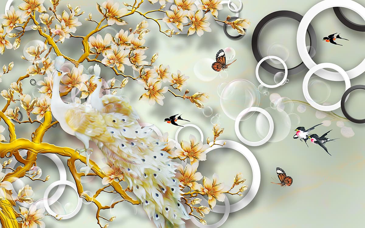 A bird on a tree with flowers and circles pattern detail