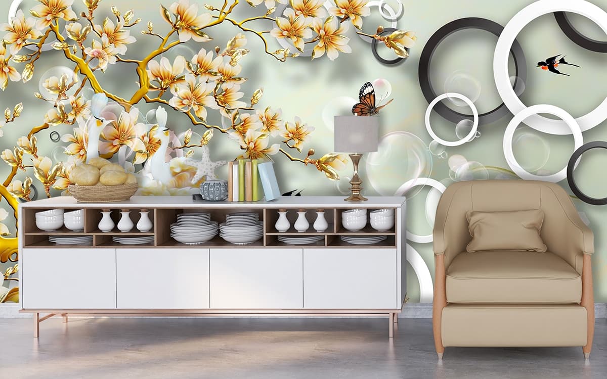 A bird on a tree with flowers and circles shown in a room