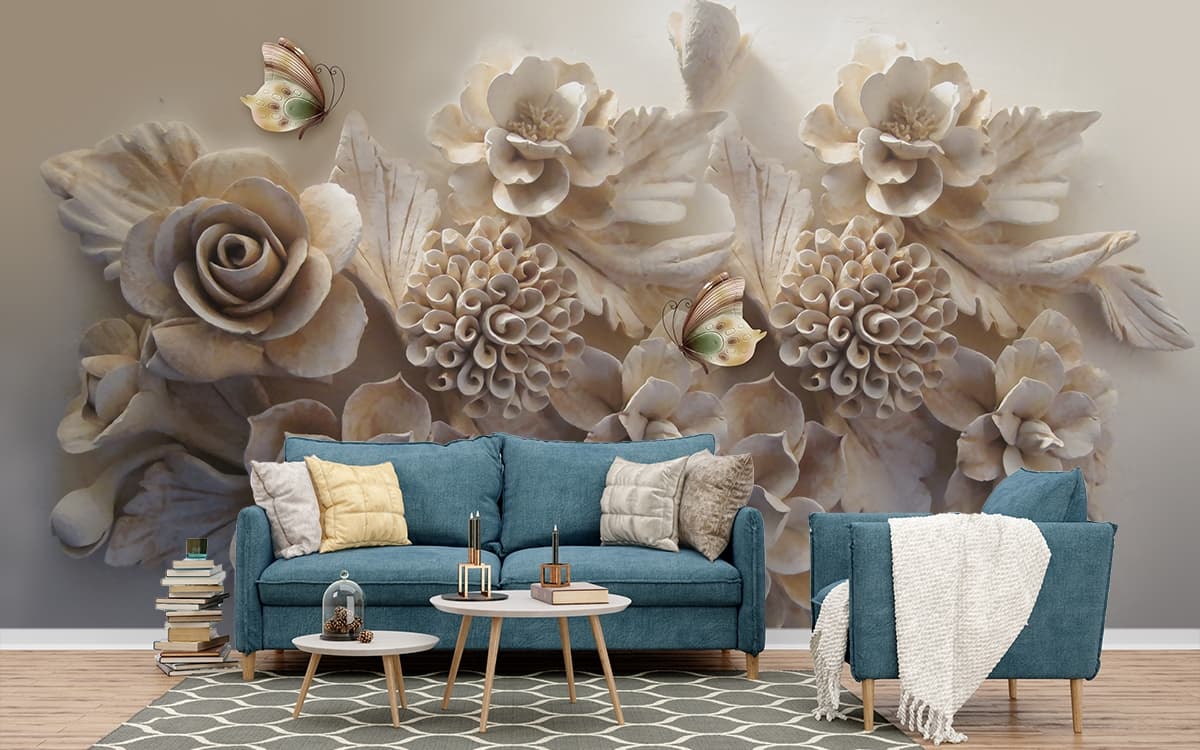 3D Vintage Flower Wallpaper Mural shown in a room