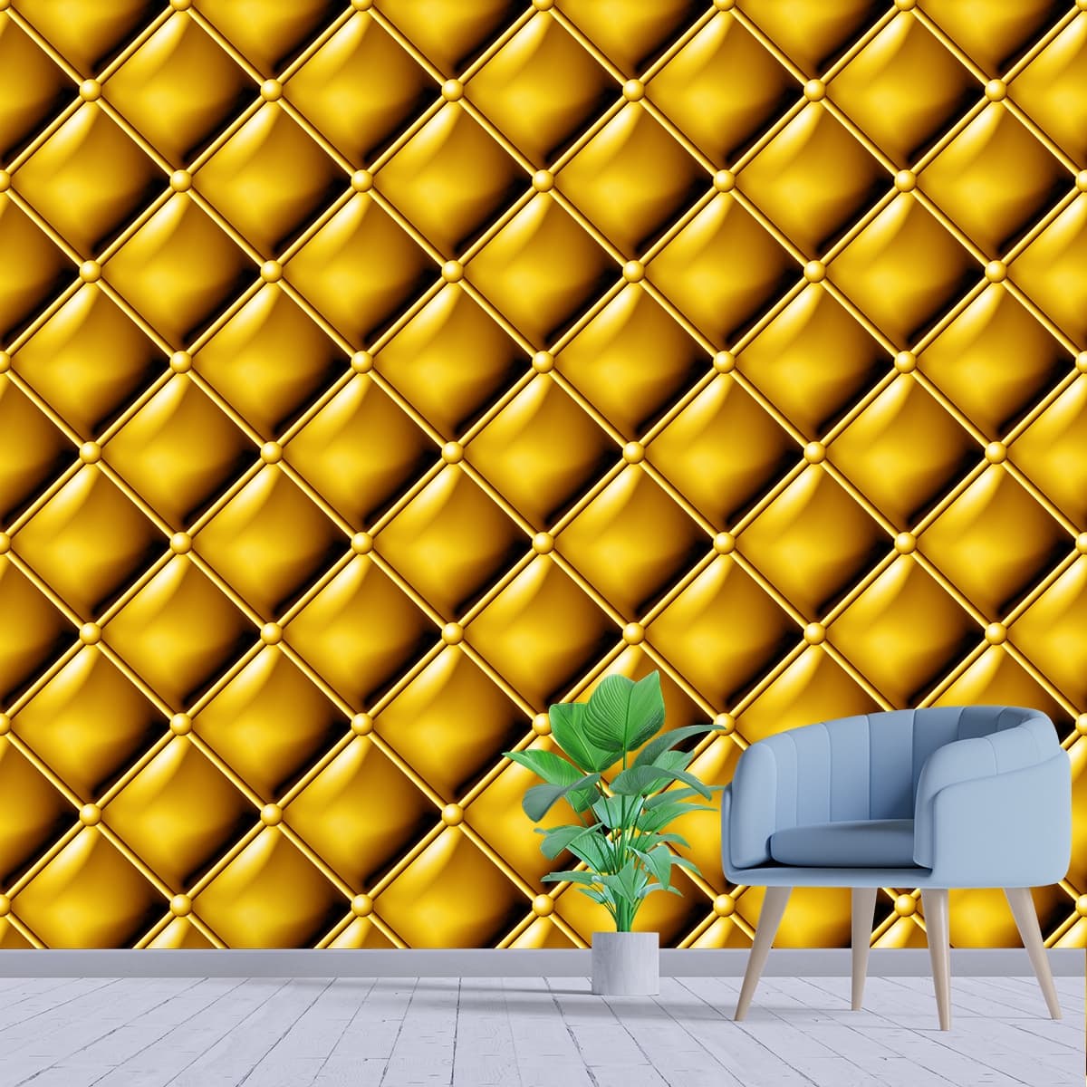 Luxurious Gold Quilted Pattern Wallpaper shown in a room
