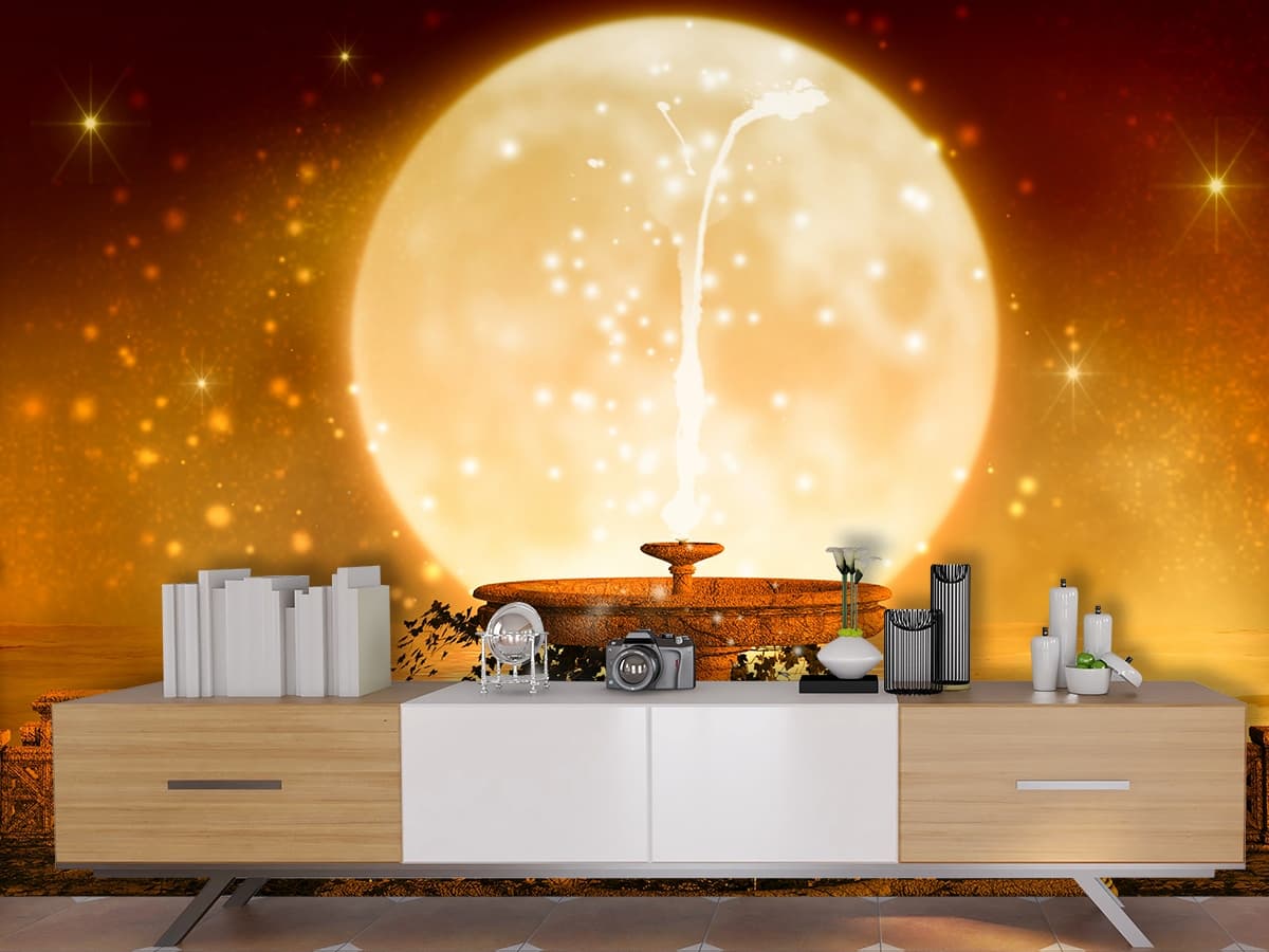 Full Moon and Fountain Wallpaper shown in a room