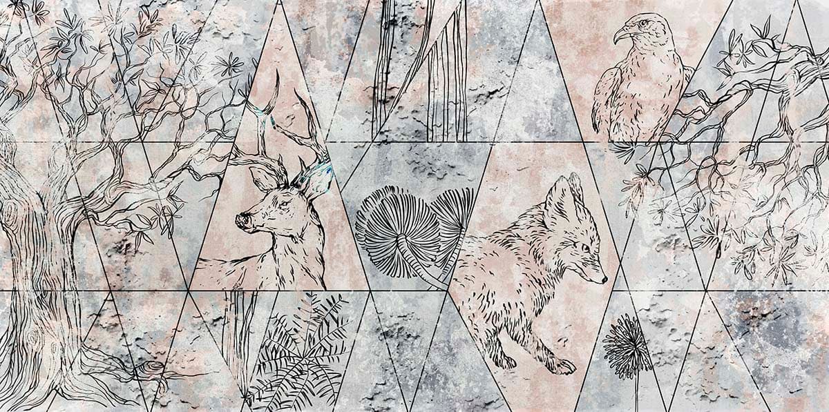 A drawing of animals and plants pattern detail
