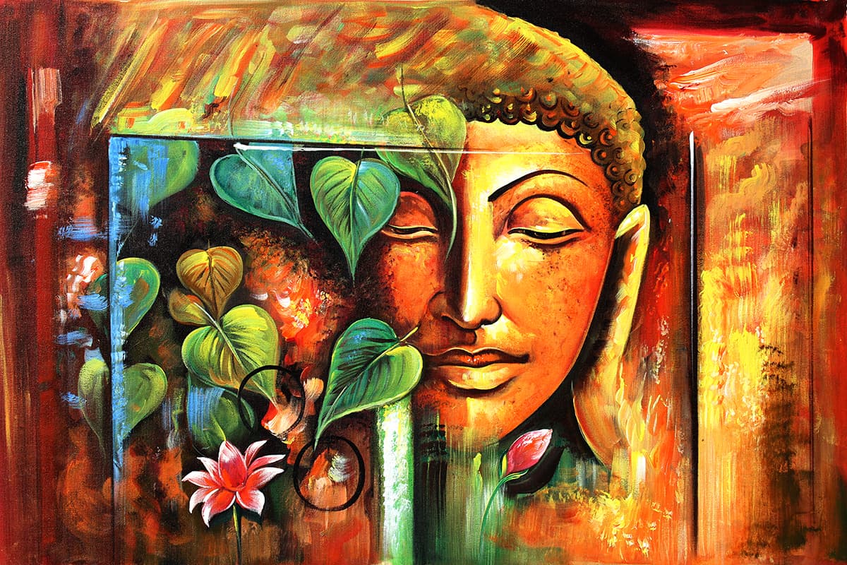A painting of a face and leaves pattern detail
