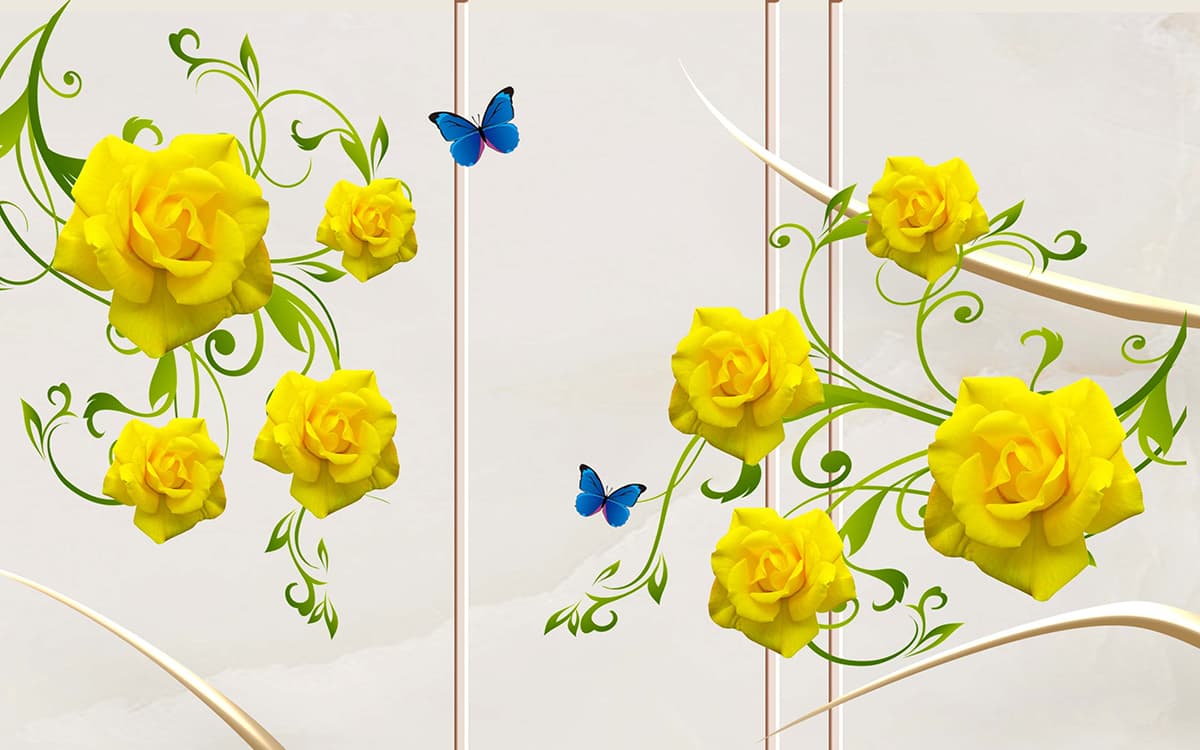 Yellow Roses and Butterflies Wall Wallpaper pattern detail