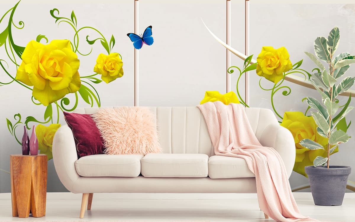 Yellow Roses and Butterflies Wall Wallpaper shown in a room