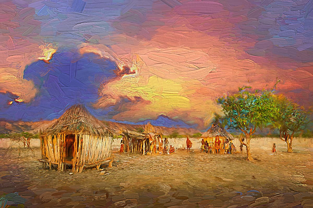 A group of people outside a hut pattern detail
