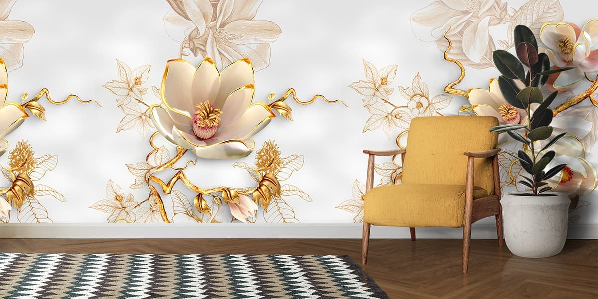Flower and Leave Wallpaper designs for living room shown in a room