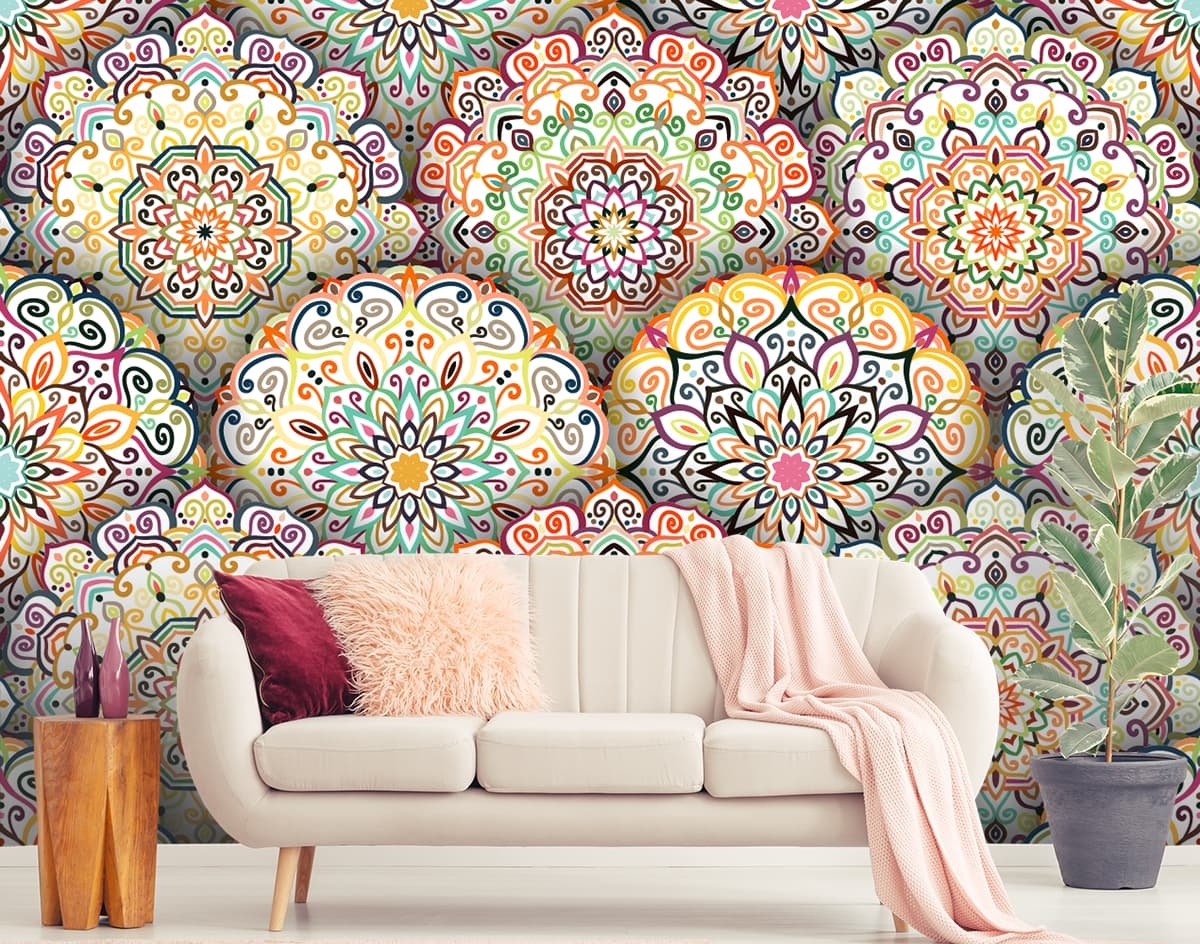 A group of colorful circular designs shown in a room