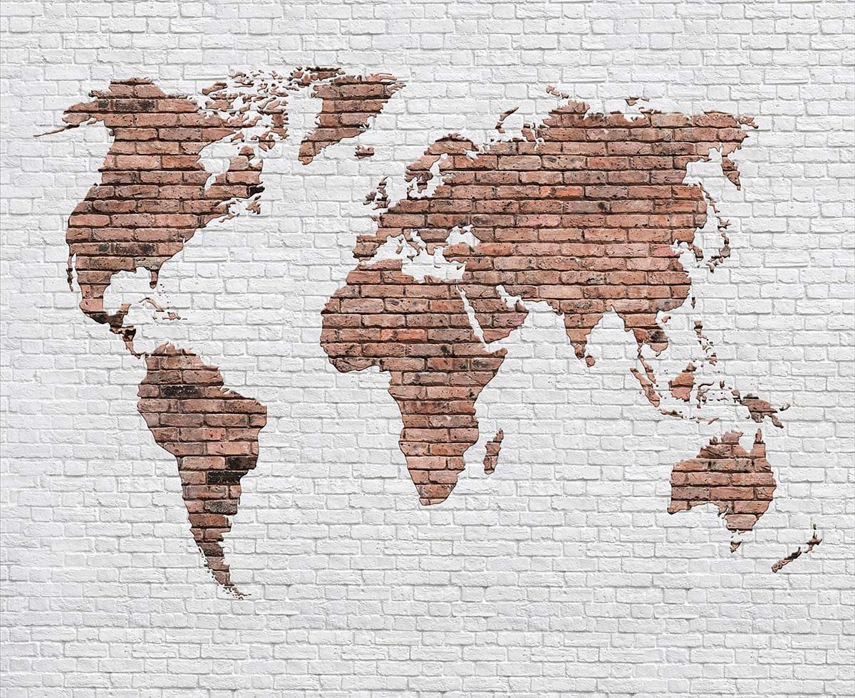 World Map on Brick Wall Industrial Design wallpaper pattern detail