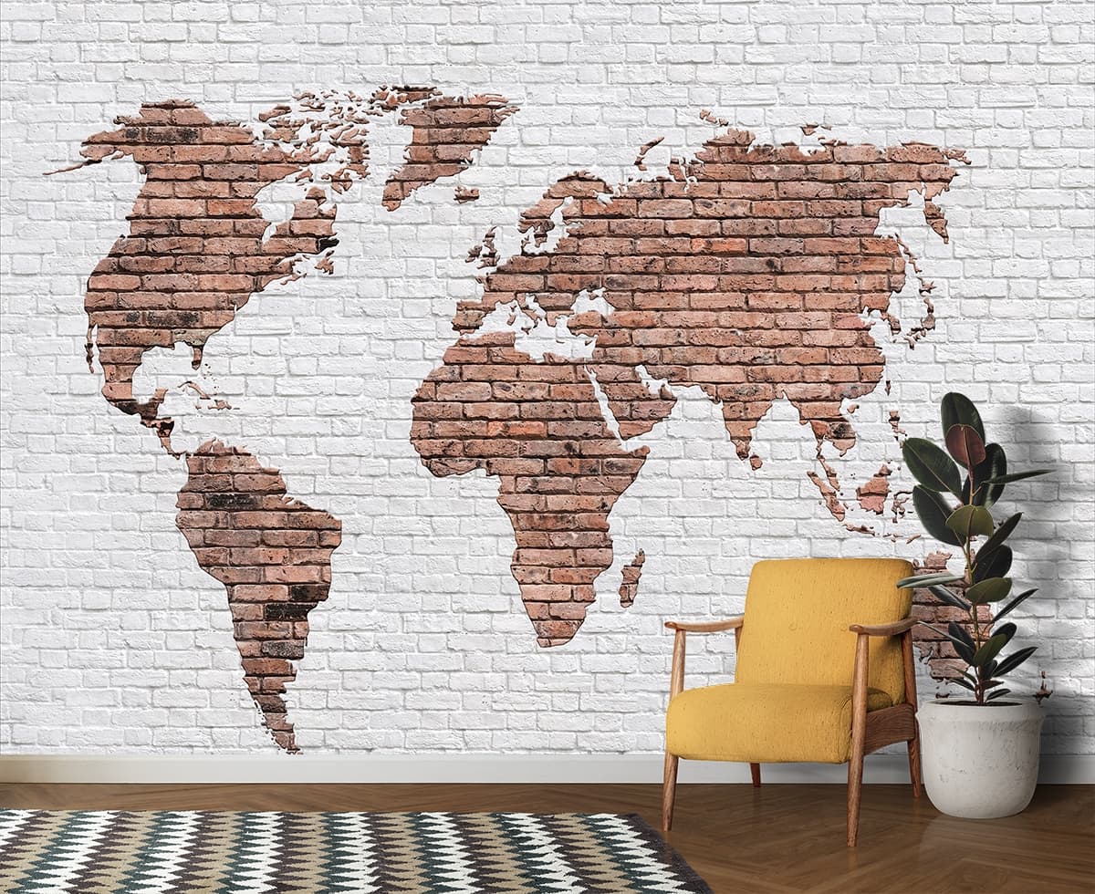World Map on Brick Wall Industrial Design wallpaper shown in a room