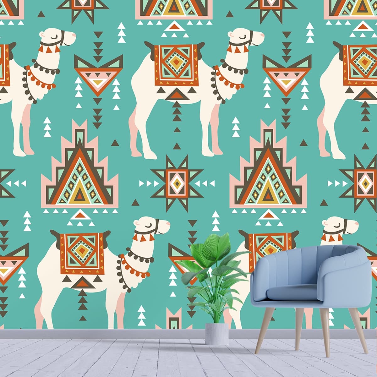 Ethnic Geometric Camel Wallpaper shown in a room