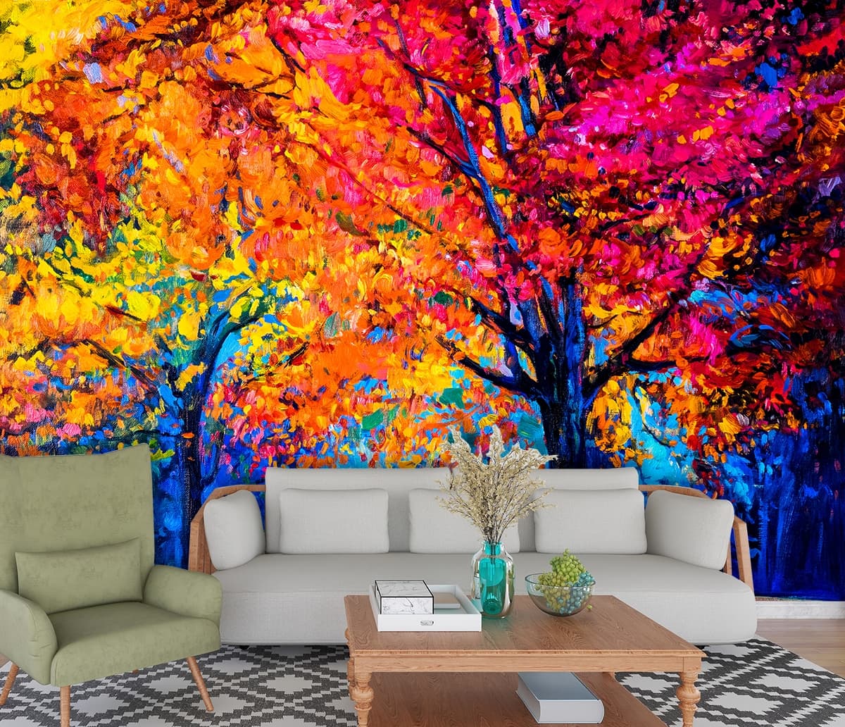 Colorful Leaves Tree Artistic Landscape wallpaper shown in a room