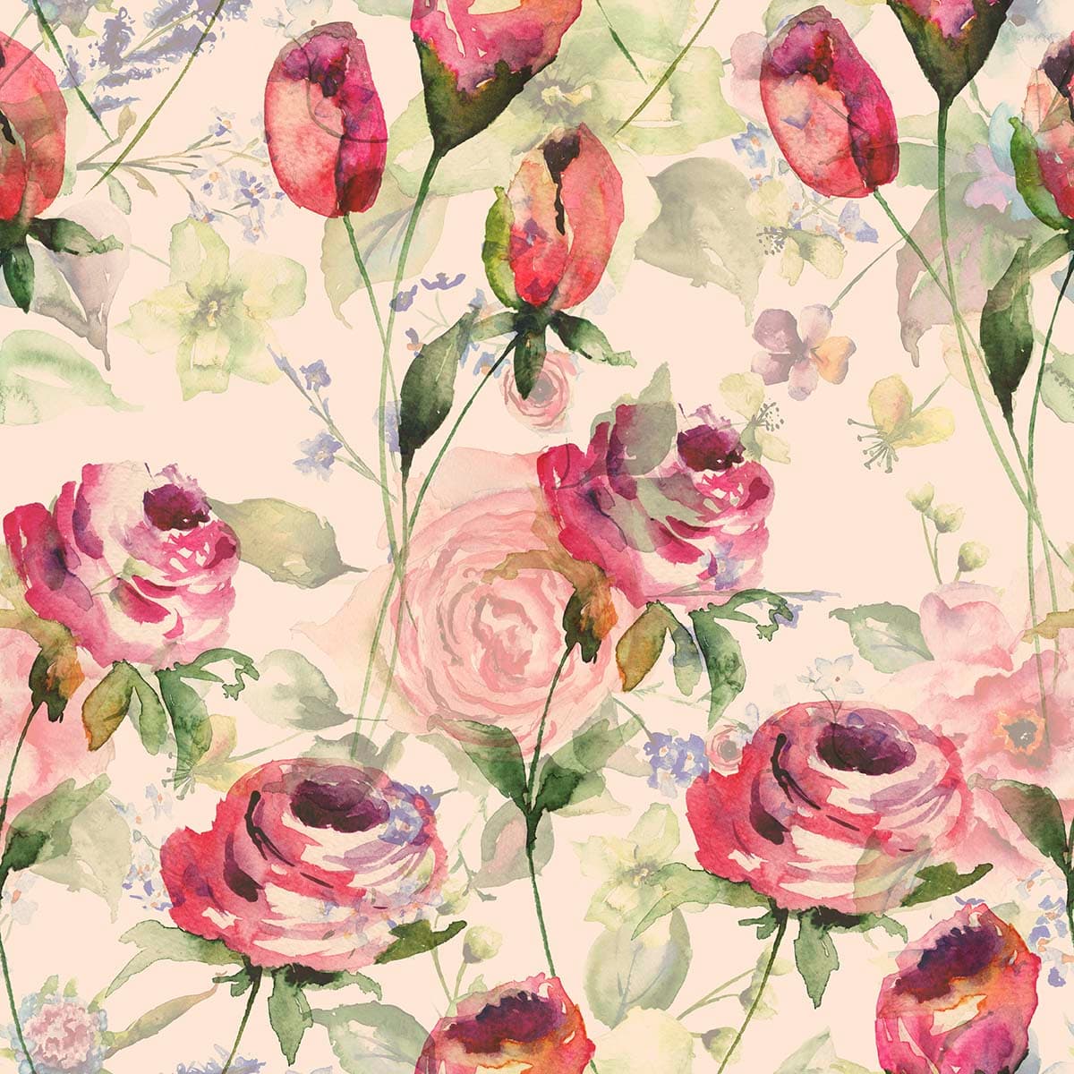 Serene Watercolor Rose Tapestry Wallpaper pattern detail