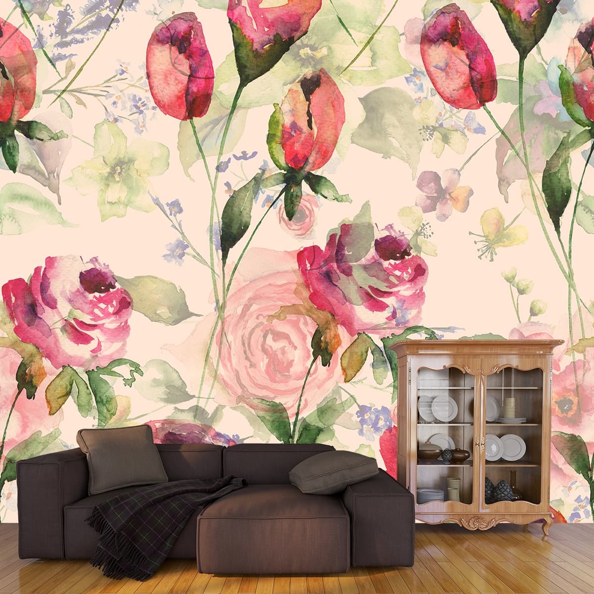 Serene Watercolor Rose Tapestry Wallpaper shown in a room