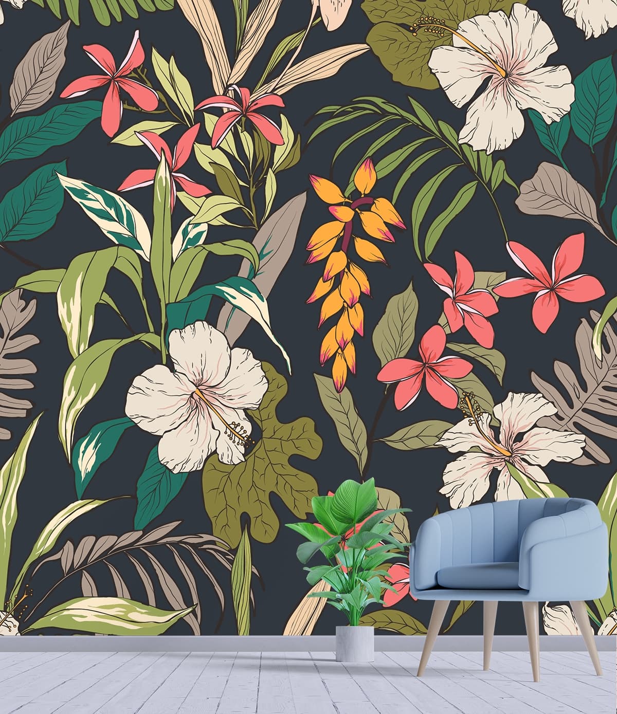 A Tropical Hawaiian Floral Pattern Wallpaper shown in a room