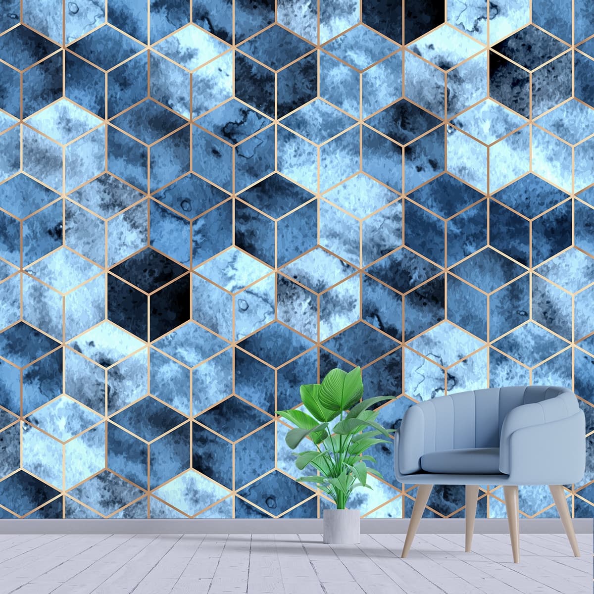 Blue and Gold Square Pattern Wallpaper shown in a room