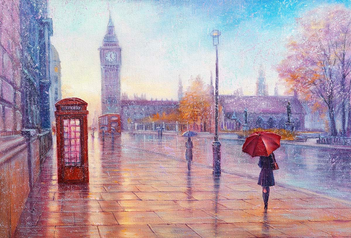Elegant Woman Walking in Rainy City wallpaper pattern detail