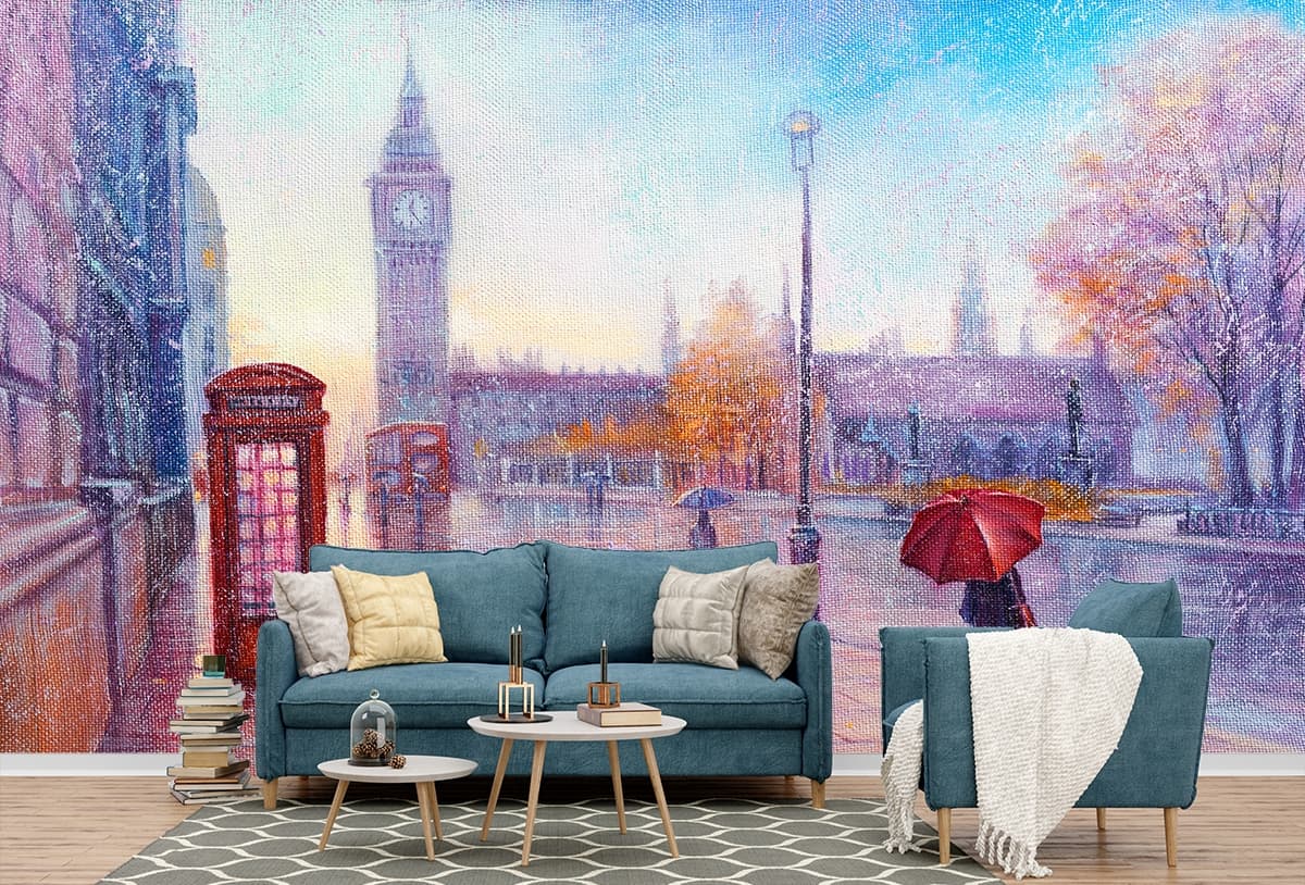 Elegant Woman Walking in Rainy City wallpaper shown in a room