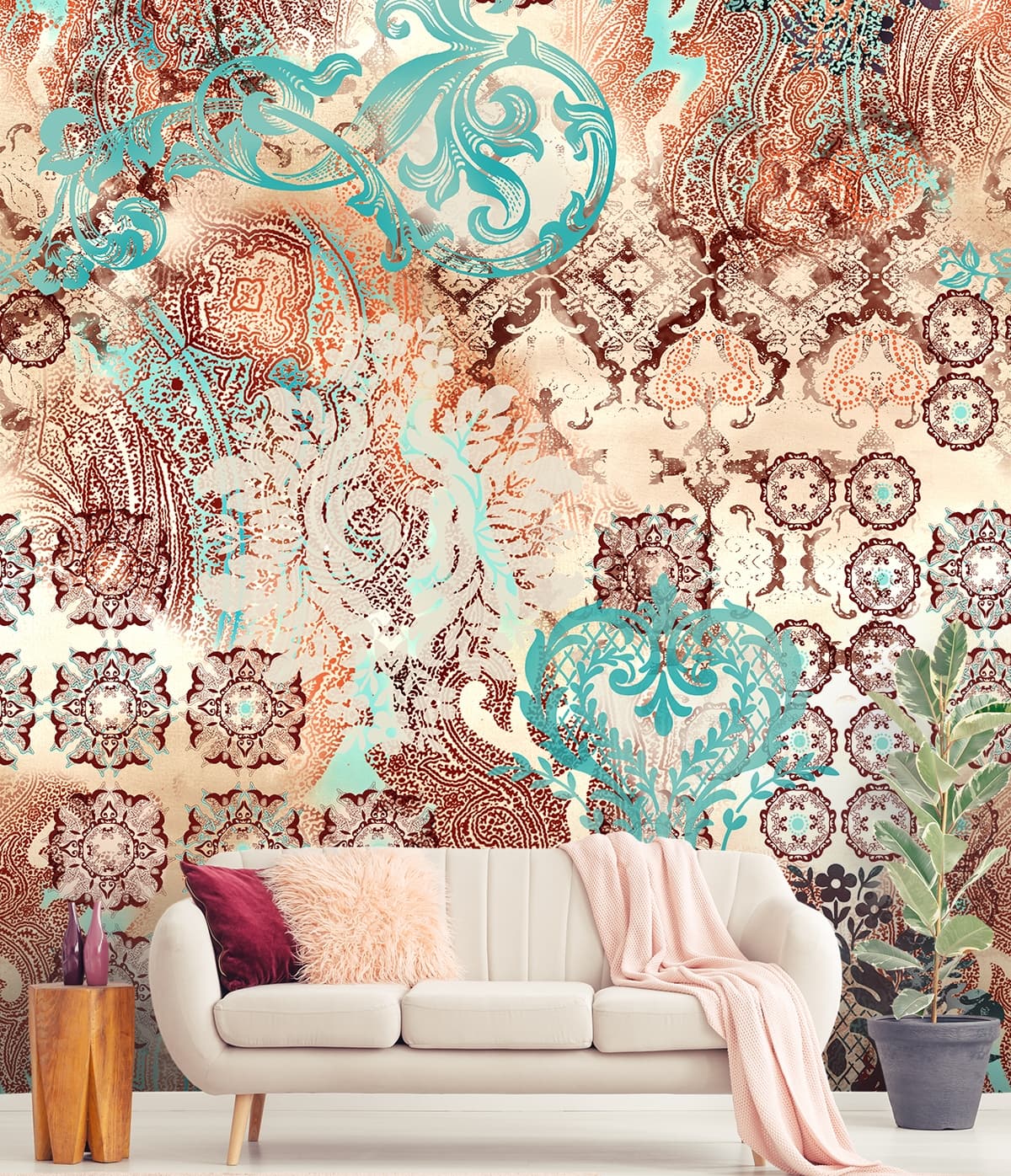 A colorful pattern on a fabric shown in a room