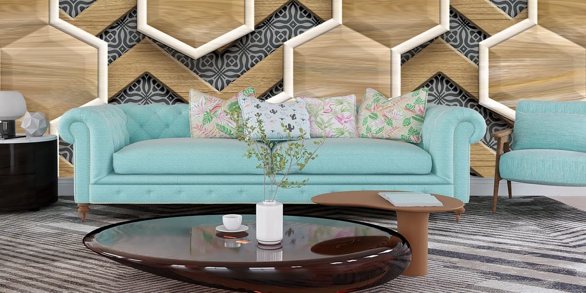 Stylish Wooden Hexagon 3D Texture Design Wallpaper shown in a room