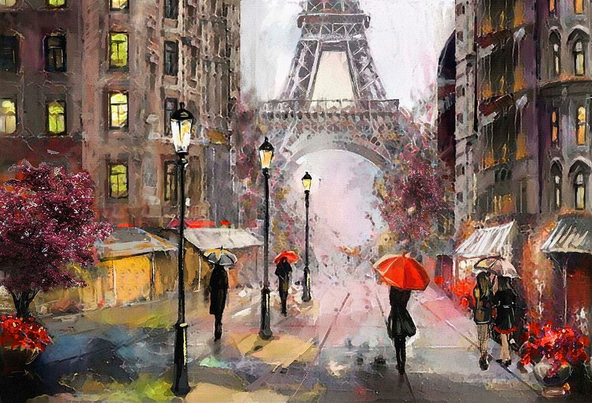 City Street Scene with Umbrellas Wall Mural Wallpaper pattern detail