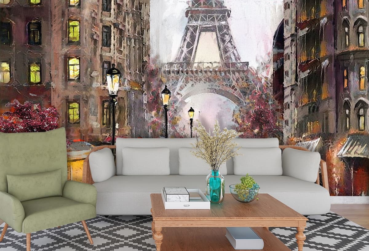 City Street Scene with Umbrellas Wall Mural Wallpaper shown in a room