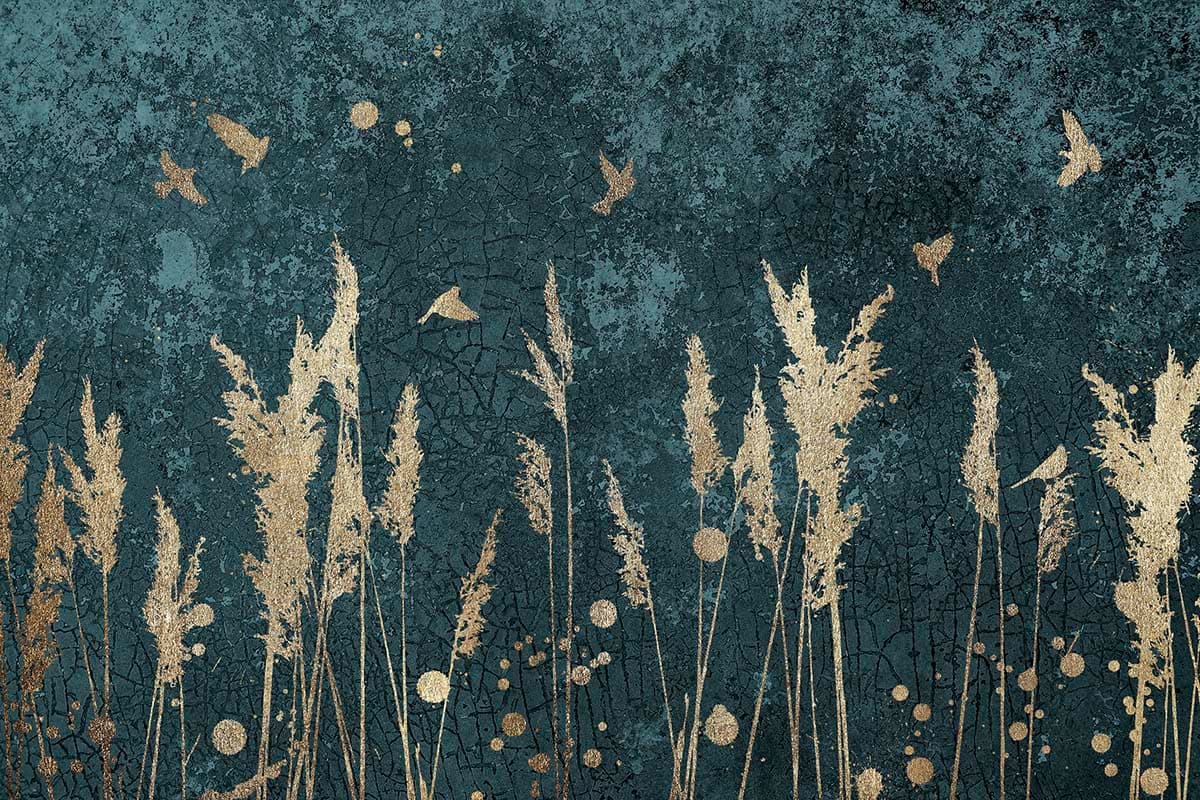 A gold painted wheat field pattern detail