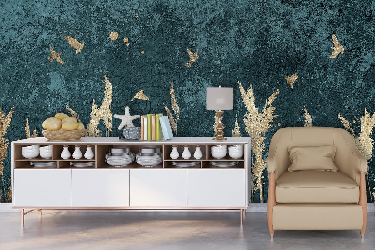 A gold painted wheat field shown in a room