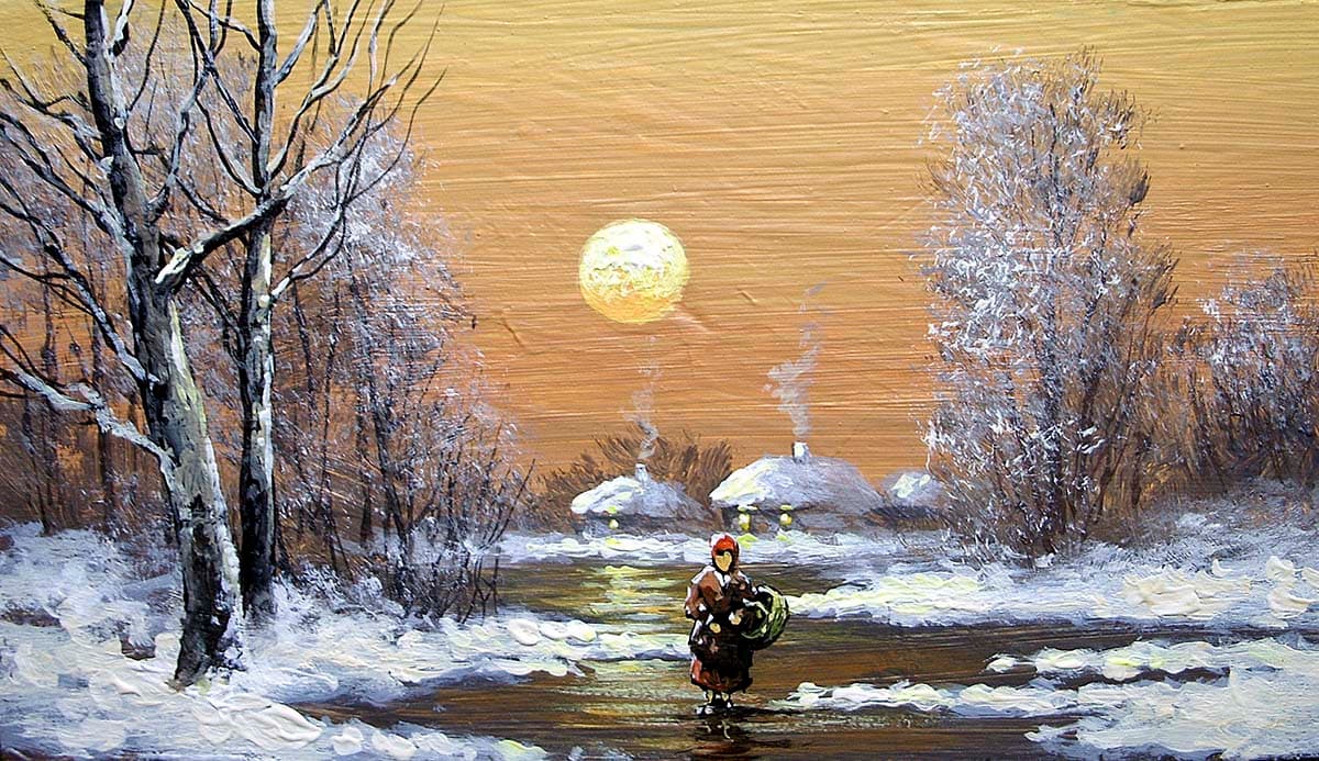 Woman Walking in Snow Winter Scene Painting Wallpaper pattern detail