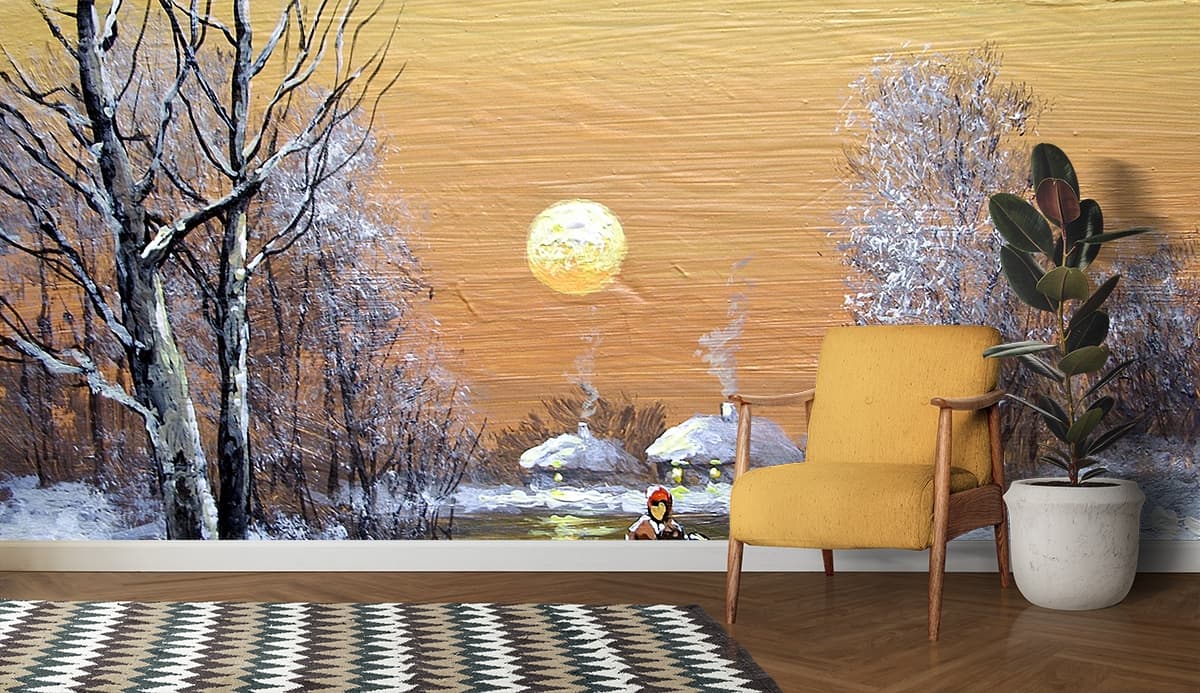 Woman Walking in Snow Winter Scene Painting Wallpaper shown in a room