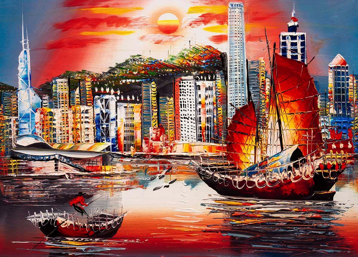 Vintage Boats in Cityscape Artistic Urban View Wallpaper pattern detail