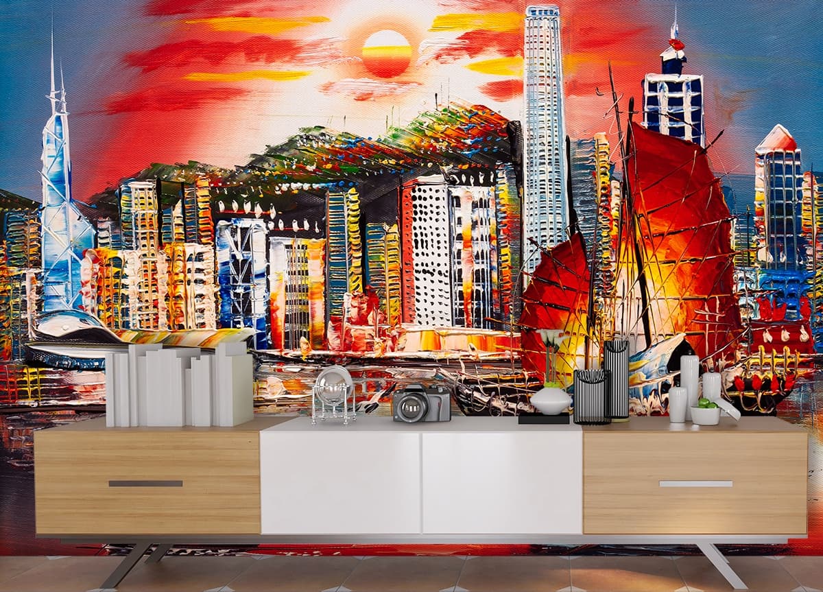 Vintage Boats in Cityscape Artistic Urban View Wallpaper shown in a room