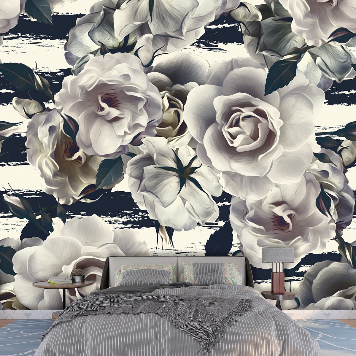 White Flower Pattern Elegant Wall Mural Wallpaper shown in a room