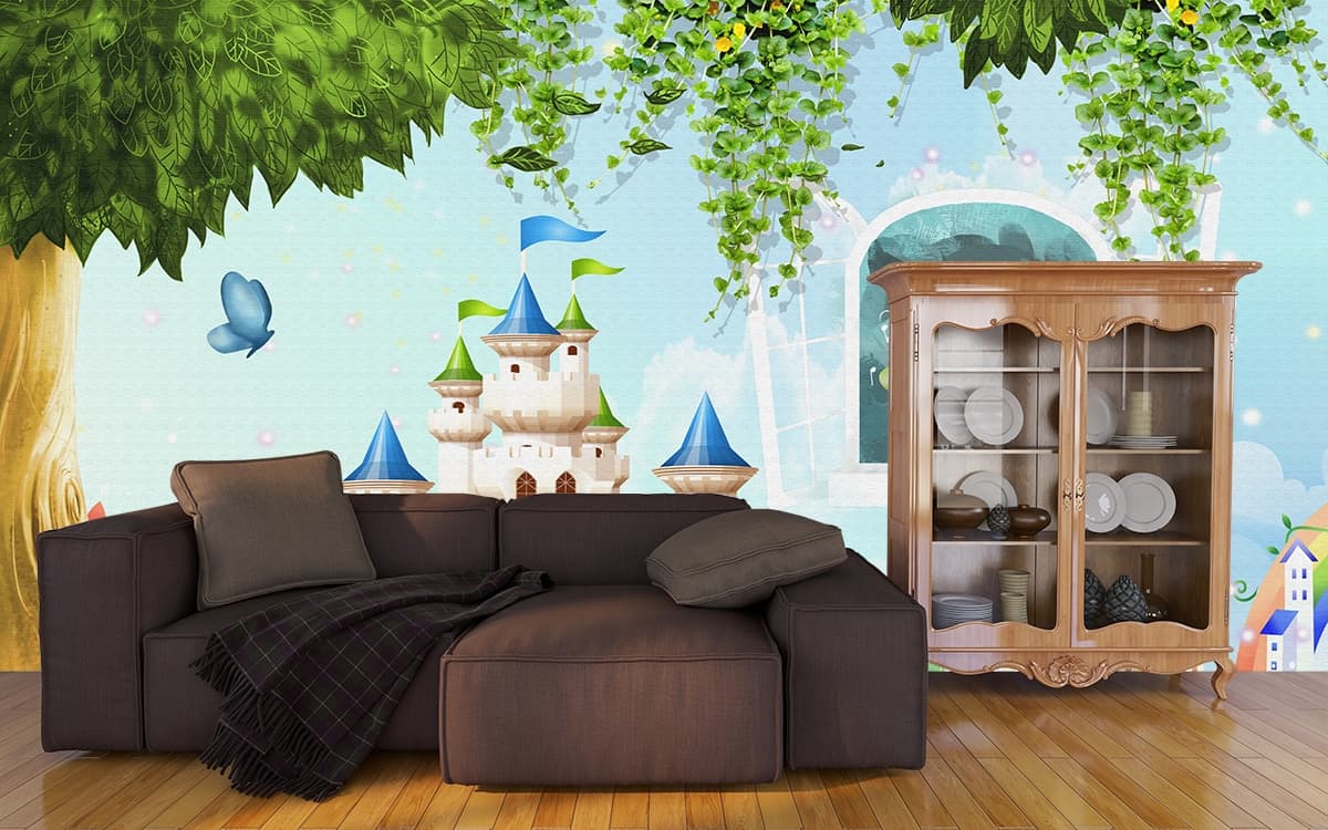 Dreamy Fairytale Castle Wallpaper shown in a room