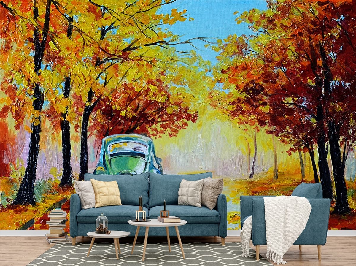 Elegant Artistic Road Trip Nature Art Wallpaper shown in a room